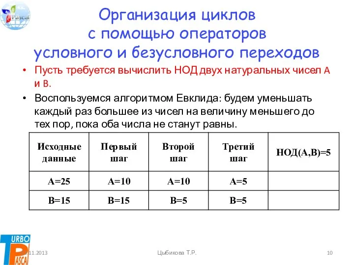 Организация циклов с помощью операторов условного и безусловного переходов Пусть требуется