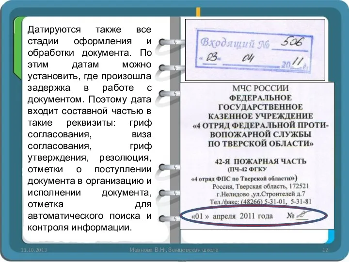 11.10.2013 Иванова В.Н., Земцовская школа Датируются также все стадии оформления и