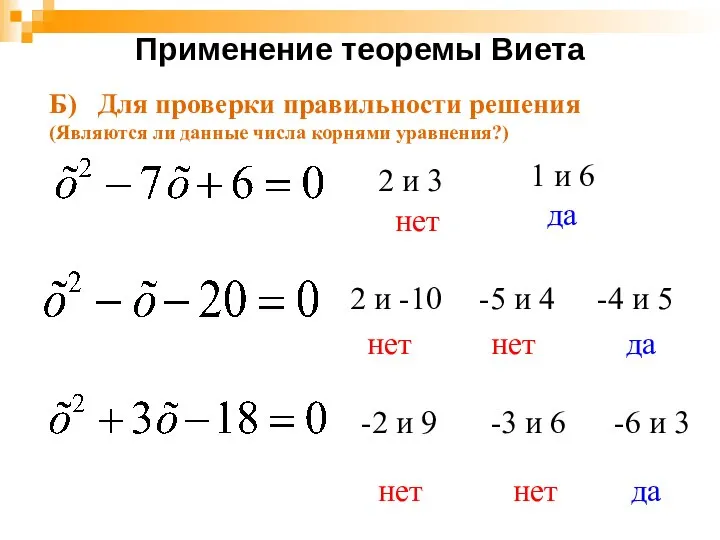 Применение теоремы Виета 2 и 3 1 и 6 нет да