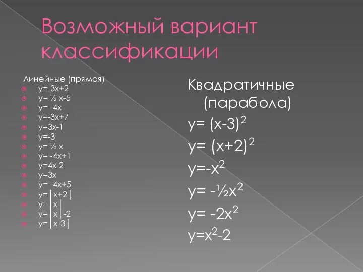 Возможный вариант классификации Линейные (прямая) у=-3х+2 у= ½ х-5 у= -4х
