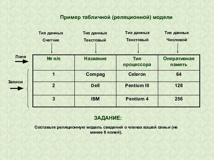 Пример табличной (реляционной) модели Поля Записи