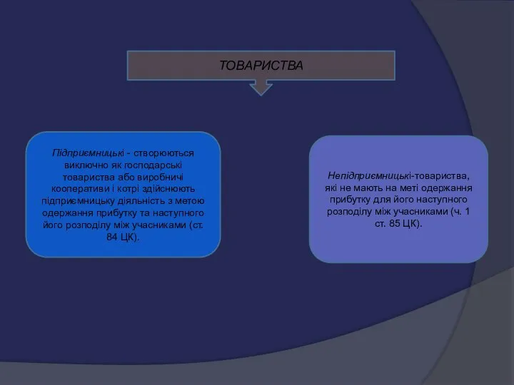 Підприємницькі - створюються виключно як господарські товариства або виробничі кооперативи і