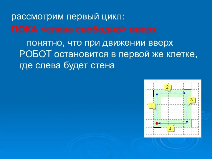 рассмотрим первый цикл: ПОКА вверх понятно, что при движении вверх РОБОТ