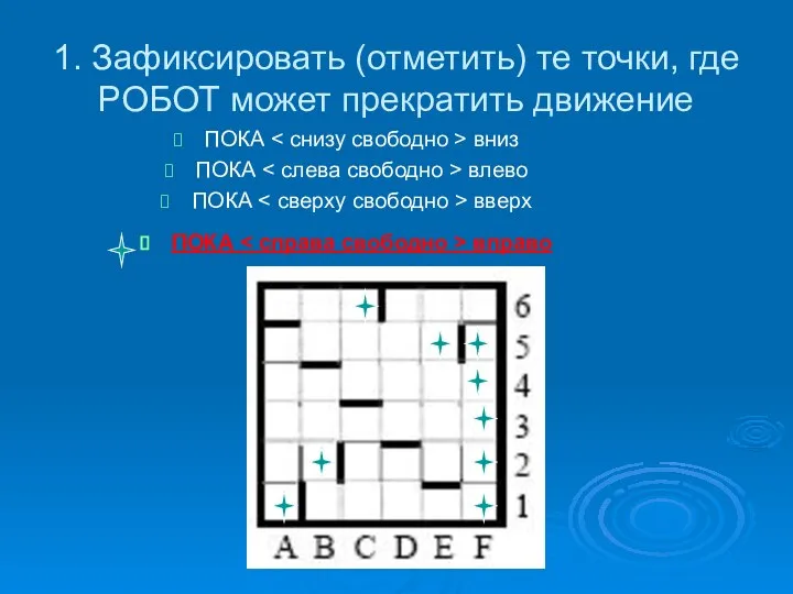 1. Зафиксировать (отметить) те точки, где РОБОТ может прекратить движение ПОКА