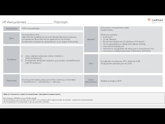 ИТ Инициатива ________________. Паспорт. Цель KPI’s Системы Стоимость инициативы в руб.