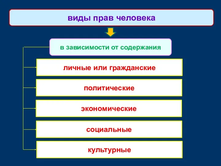 виды прав человека в зависимости от содержания личные или гражданские политические экономические социальные культурные