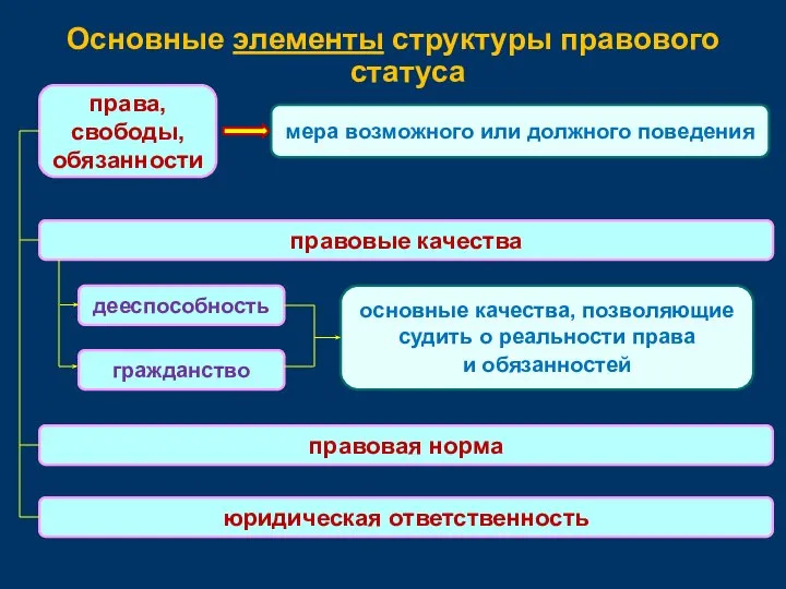 Основные элементы структуры правового статуса права, свободы, обязанности мера возможного или