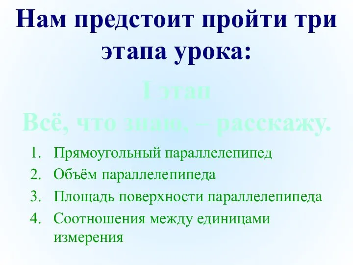 Прямоугольный параллелепипед Объём параллелепипеда Площадь поверхности параллелепипеда Соотношения между единицами измерения