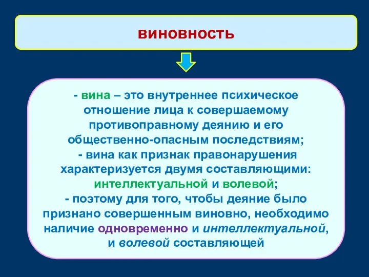 - вина – это внутреннее психическое отношение лица к совершаемому противоправному