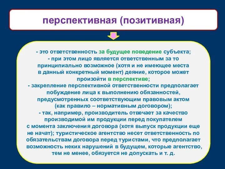 - это ответственность за будущее поведение субъекта; - при этом лицо