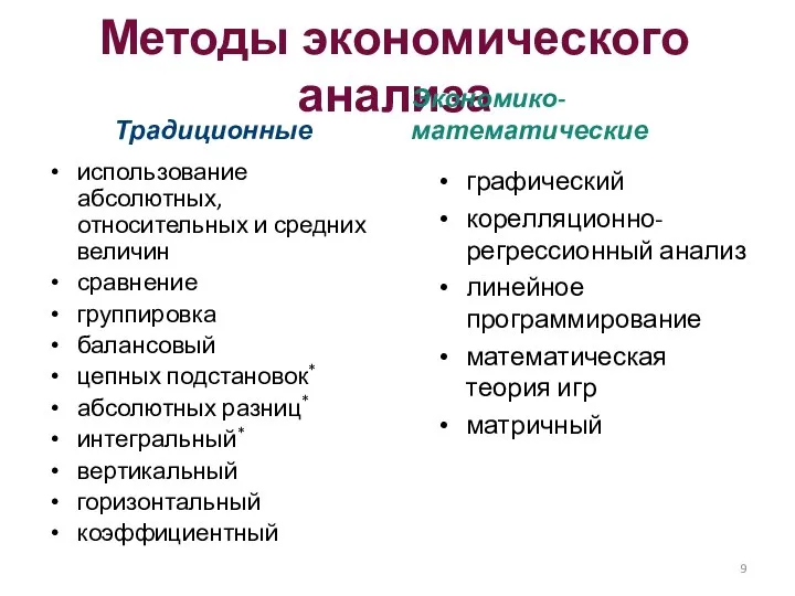 Методы экономического анализа Традиционные использование абсолютных, относительных и средних величин сравнение