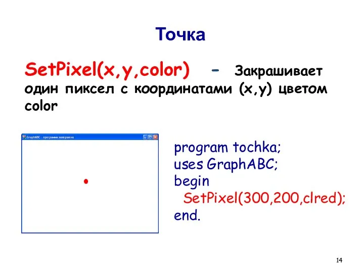 Точка SetPixel(x,y,color) - Закрашивает один пиксел с координатами (x,y) цветом color