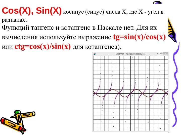 Cos(X), Sin(X) косинус (синус) числа X, где X - угол в