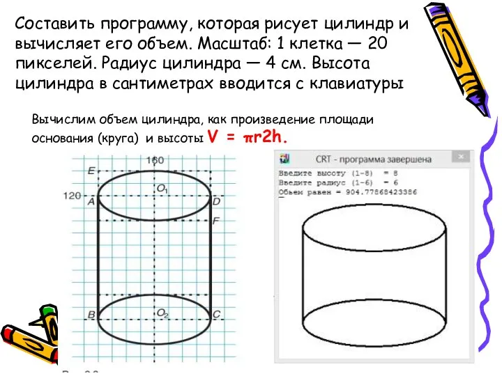 Составить программу, которая рисует цилиндр и вычисляет его объем. Масштаб: 1