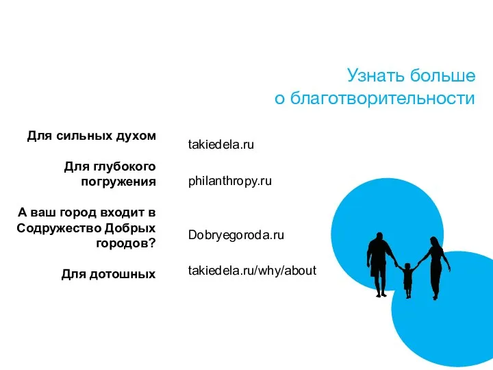 Узнать больше о благотворительности takiedela.ru philanthropy.ru Dobryegoroda.ru takiedela.ru/why/about Для сильных духом
