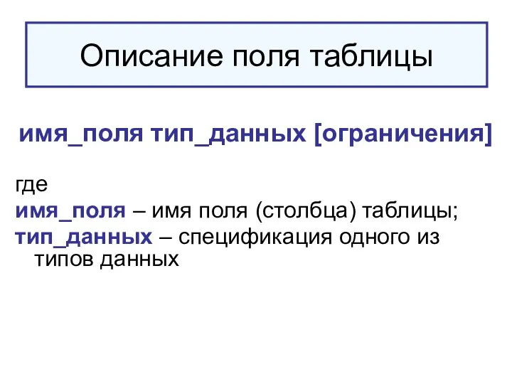 Описание поля таблицы имя_поля тип_данных [ограничения] где имя_поля – имя поля