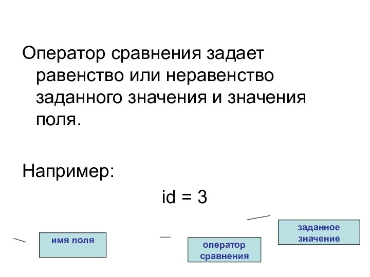 Оператор сравнения задает равенство или неравенство заданного значения и значения поля.