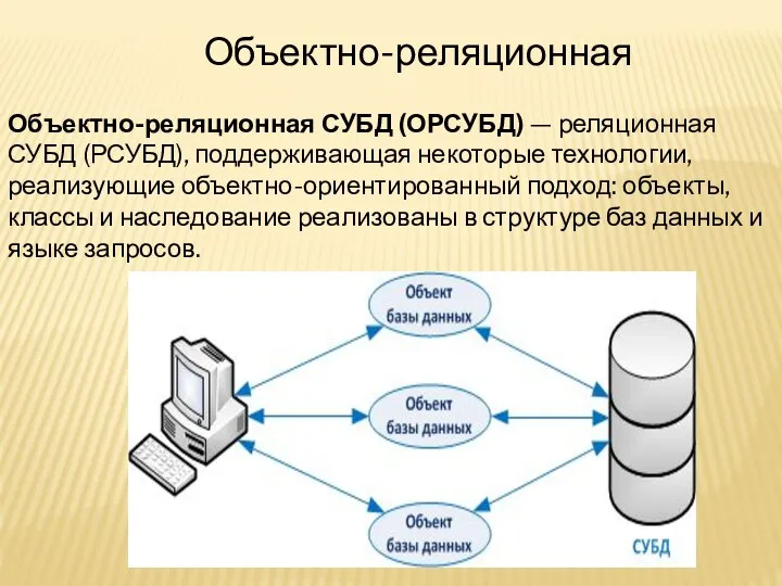 Объектно-реляционная Объектно-реляционная СУБД (ОРСУБД) — реляционная СУБД (РСУБД), поддерживающая некоторые технологии,