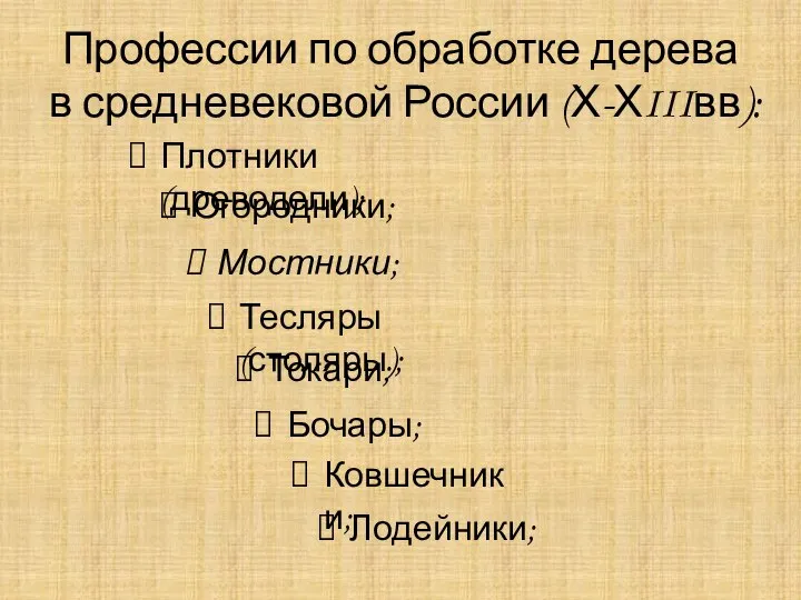 Профессии по обработке дерева в средневековой России (Х-ХIIIвв): Огородники; Плотники (древодели);