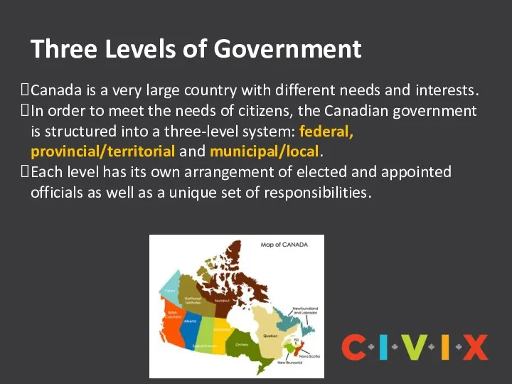 Three Levels of Government Canada is a very large country with