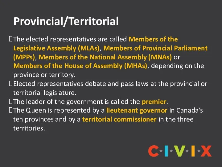 Provincial/Territorial The elected representatives are called Members of the Legislative Assembly