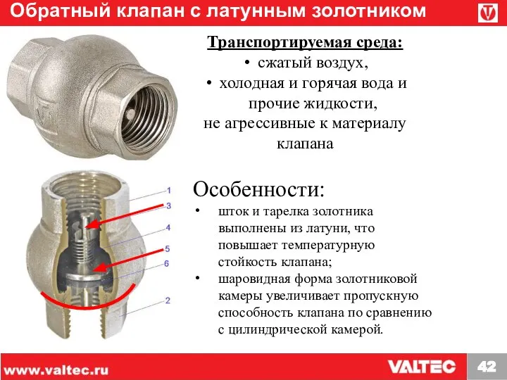 Обратный клапан с латунным золотником VT.151 Особенности: шток и тарелка золотника