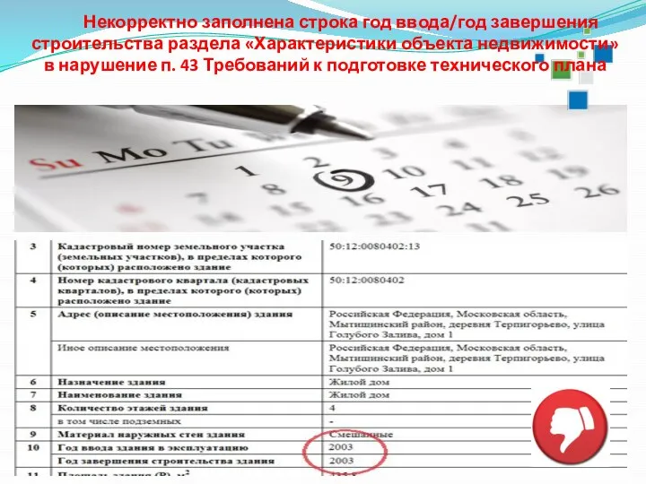 Некорректно заполнена строка год ввода/год завершения строительства раздела «Характеристики объекта недвижимости»