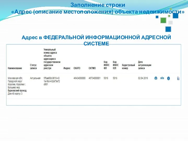 Заполнение строки «Адрес (описание местоположения) объекта недвижимости» 2018 Адрес в ФЕДЕРАЛЬНОЙ ИНФОРМАЦИОННОЙ АДРЕСНОЙ СИСТЕМЕ