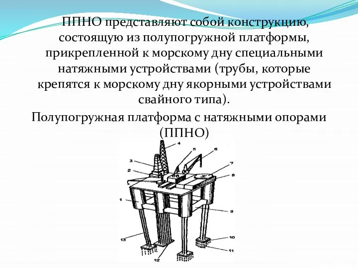 ППНО представляют собой конструкцию, состоящую из полупогружной платформы, прикрепленной к морскому