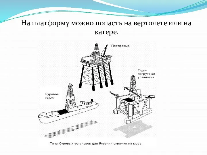 На платформу можно попасть на вертолете или на катере.