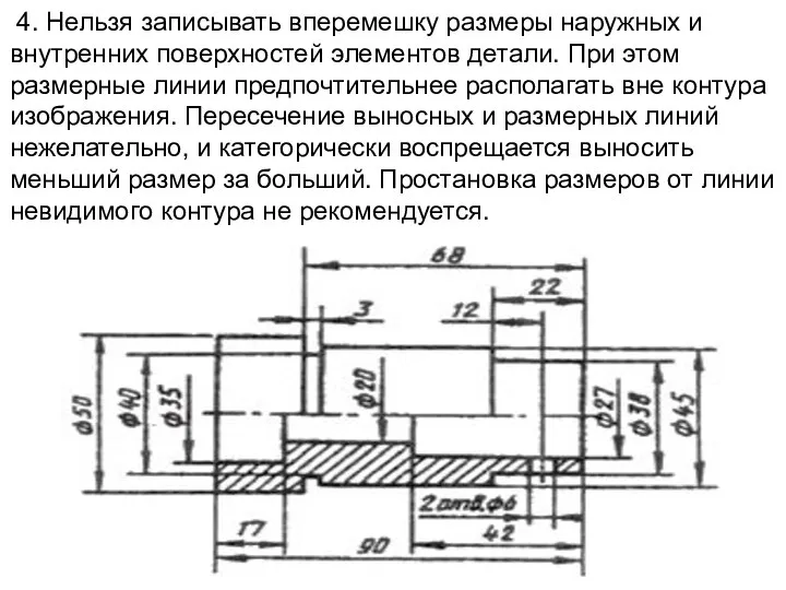 4. Нельзя записывать вперемешку размеры наружных и внутренних поверхностей элементов детали.