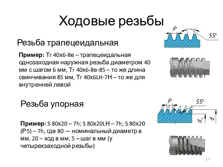 Ходовые резьбы Пример: Тr 40х6-8е – трапецеидальная однозаходная наружная резьба диаметром