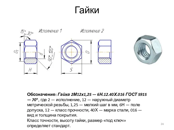 Гайки Обозначение: Гайка 2М12х1,25 — 6Н.12.40Х.016 ГОСТ 5915 — 70*, где