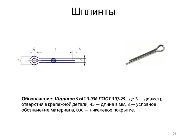 Шплинты Обозначение: Шплинт 5х45.3.036 ГОСТ 397-79, где 5 — диаметр отверстия