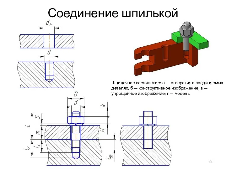 Соединение шпилькой Шпилечное соединение: а — отверстия в соединяемых деталях; б