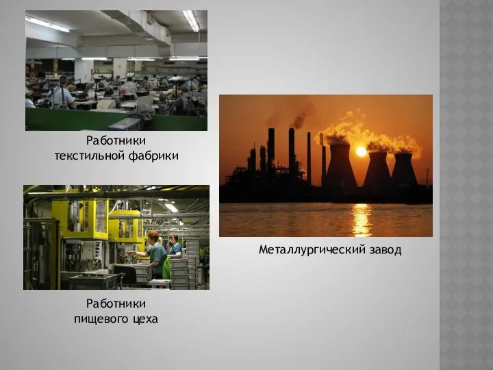 Работники текстильной фабрики Работники пищевого цеха Металлургический завод