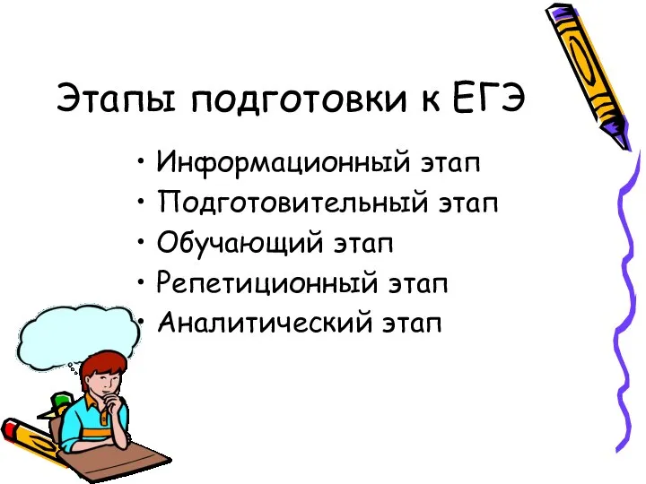 Этапы подготовки к ЕГЭ Информационный этап Подготовительный этап Обучающий этап Репетиционный этап Аналитический этап