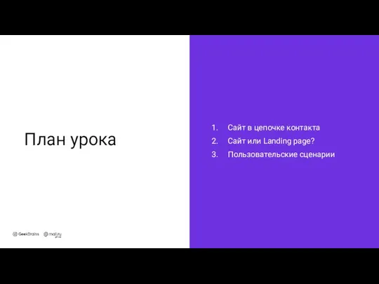 План урока Сайт в цепочке контакта Сайт или Landing page? Пользовательские сценарии