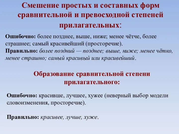 Смешение простых и составных форм сравнительной и превосходной степеней прилагательных: Ошибочно: