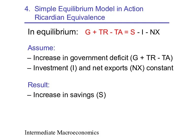 Intermediate Macroeconomics 4. Simple Equilibrium Model in Action Ricardian Equivalence In