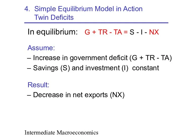 Intermediate Macroeconomics 4. Simple Equilibrium Model in Action Twin Deficits In