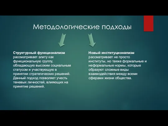 Методологические подходы Структурный функционализм рассматривает элиту как функциональную группу, обладающую высоким