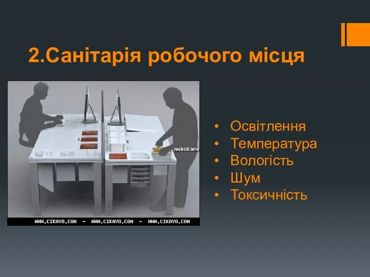 2.Санітарія робочого місця Освітлення Температура Вологість Шум Токсичність