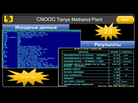 CNOOC Tianye Methanol Plant Исходные данные Результаты 2,5 33,75 т/час REAK