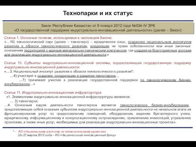 Технопарки и их статус Закон Республики Казахстан от 9 января 2012