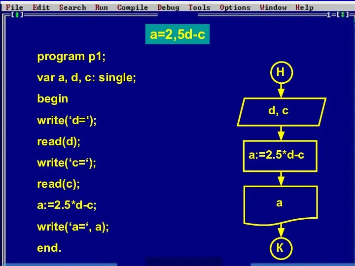 a=2,5d-c program p1; var a, d, c: single; begin write(‘d=‘); read(d);
