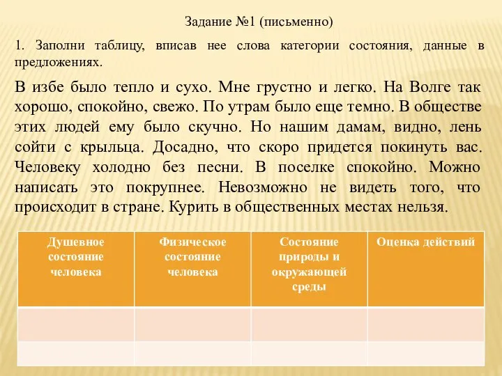 Задание №1 (письменно) 1. Заполни таблицу, вписав нее слова категории состояния,