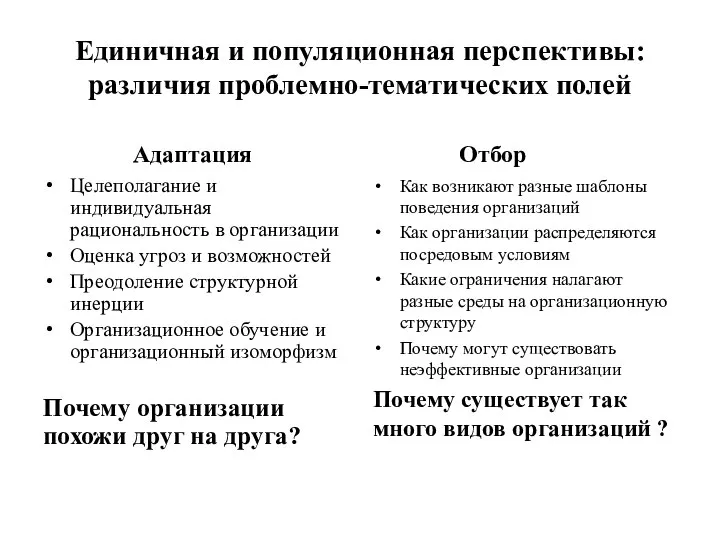 Единичная и популяционная перспективы: различия проблемно-тематических полей Адаптация Целеполагание и индивидуальная