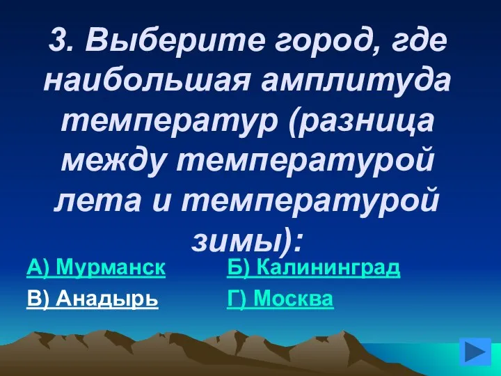 3. Выберите город, где наибольшая амплитуда температур (разница между температурой лета