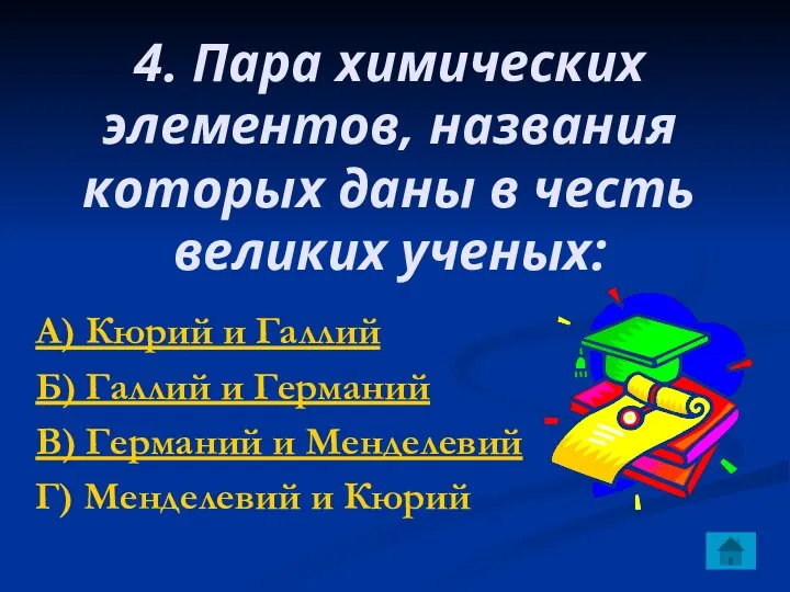 4. Пара химических элементов, названия которых даны в честь великих ученых: